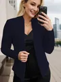 Detail view of the stylish navy blue collarless blazer jacket on a model selfie - XL / Tops / Pocket Design / Navy Blue