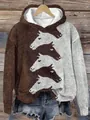 Women's retro loose hooded sweater featuring brown and white horse head knit design - S / Tops / Coffee