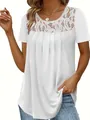 Elegant white short sleeve fashion t-shirt featuring intricate lace neckline and pleated front - S / Tops / White