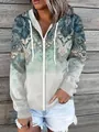 Detailed view of women's zip-up hoodie featuring vintage paisley print and gradient finish - S / Top (Style 2) / Green