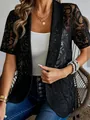 Elegant black lace short sleeve open front cardigan for women's stylish spring summer outfit - S / Tops / Black