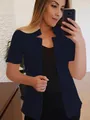 Elegant navy blue short sleeve open-front blazer for professional casual office wear. - S / Tops / Navy Blue