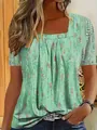 Stijlvolle mintgroene top met korte mouwen voor dames met boho paillettenprint en vierkante hals - S / Tops / Groen