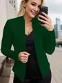 Close-up of a stylish dark green open-front blazer jacket worn in an urban outdoor setting - L / Tops / Pocket Design / Green