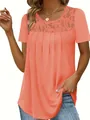Elegant orange short sleeve top with lace neckline and pleats for women - S / Tops / Pink