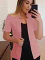 Professional pink short sleeve open front blazer for women's business casual style. - Pink