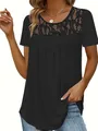 Black short sleeve top for women with elegant lace neckline detail - S / Tops / Black
