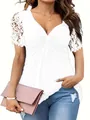 Detailed view of women's white twist-knot top featuring intricate floral lace short sleeves. - 3XL / Tops / White