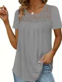 Elegant grey women's summer top featuring decorative lace neckline and short sleeves - S / Tops / Gray