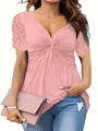 Detail of the pink short sleeve top featuring lace sleeves and a twist knot bust - 3XL / Tops / Pink