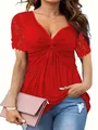 Close-up of red twist-knot short sleeve top with lace detail on model - 3XL / Tops / Red