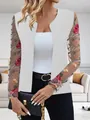 Elegante witte damesblazer met open voorkant en transparante mouwen met rozenborduurwerk - S / Tops / Wit