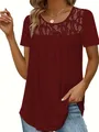 Fashionable burgundy short sleeve top for women featuring elegant lace neck detail - Burgundy
