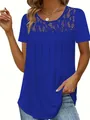 Elegant royal blue women's short sleeve T-shirt featuring intricate lace neckline detailing - Blue