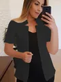 Elegant solid black short-sleeved blazer jacket with professional casual style for women - Black