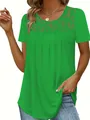 Women's green short-sleeve top featuring an elegant lace hollow-out neckline design - Green