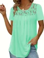 Elegant mint green women's t-shirt featuring intricate lace neckline and pleated front - Light Green