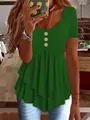 Elegante top verde informal de mujer de manga corta con tres botones y dobladillo volantes - Verde