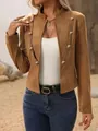 Vintage camel suede-textured jacket with double-breasted button decoration for women - S / Tops / Khaki