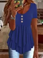 Top informal azul de manga corta con tres botones y dobladillo con volantes a capas - Azul