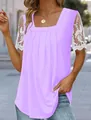 Elegant lavender square neck top with white floral lace sleeves - S / Tops / Purple