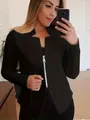 Κομψό μαύρο γυναικείο σακάκι blazer με μπροστινό φερμουάρ και γιακά με εγκοπή - Μαύρο