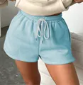 Women's casual high-waisted drawstring shorts in soft light blue solid color finish - Blue