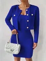 Elegant royal blue two-piece set featuring long-sleeve crop jacket and bodycon dress - S / Top And Bottom / Blue