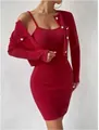 Fashionable solid red two-piece bodycon dress set with long sleeve button cardigan - S / Top And Bottom / Red