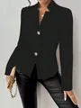 Detailed view of an elegant black women's slim-fit blazer featuring gold buttons - S / Tops / Black