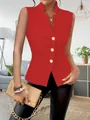 Detailed view of an elegant red sleeveless blazer vest featuring three textured gold buttons. - S / Tops / Red