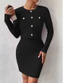 Elegant black two-piece skirt set with long sleeves and silver decorative buttons - S / Top And Bottom / Black