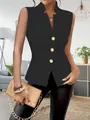 Close-up of the elegant black sleeveless blazer featuring three metallic gold buttons. - S / Tops / Black