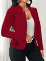 Elegant red lace patchwork slim blazer for women with long sleeves and open front design. - Burgundy