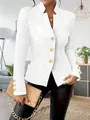 Elegant white long sleeve blazer with gold button details in a stylish indoor setting - S / Tops / White