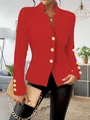 Elegant women's red long sleeve blazer featuring decorative gold buttons and a stand collar. - S / Tops / Red