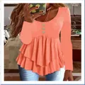 Casual orange long sleeve peplum top for women with three decorative front buttons - S / Tops / Orange