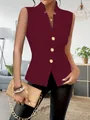 Close-up detail of an elegant wine red sleeveless blazer vest with three gold buttons. - S / Tops / Burgundy