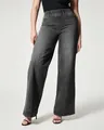 Detail showing the wide-leg cut and washed grey texture of elastic waist denim jeans - XS / Bottoms / Black