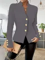 Close-up view of elegant grey women's blazer featuring stylish gold buttons and stand collar - S / Tops / Dark Gray