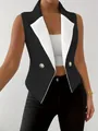 Close-up of sleeveless black vest with white contrast lapel and gold buttons - S / Tops / Black