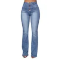 Vaqueros acampanados de tiro alto para mujer con botones delanteros y bolsillos de parche - S / Bottoms / Azul claro