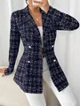 Close-up detail of women's black tweed blazer with silver double-breasted buttons - S / Tops / Navy Blue