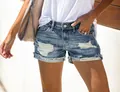 Stijlvolle high-waist denim shorts voor dames met distressed effect en blauwe wassing. - Middenblauw (888)