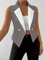 Detailed view of women's sleeveless two-tone waistcoat blazer with lapel and gold buttons - S / Tops / Dark Gray