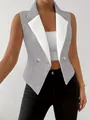 Close-up of sleeveless grey waistcoat with contrast white lapel and gold buttons - S / Tops / Light Gray