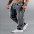 Men's stylish gray loose fit patchwork denim jeans for a casual streetwear look - XL=34 / Bottoms / Gray