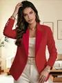 Elegant red long sleeve blazer with classic lapels and decorative three cuff buttons - Red