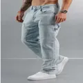 Light wash loose fit men's denim jeans with stylish decorative seam stitching details - XL=34 / Bottoms / Light Blue