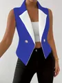 Detailed view of women's sleeveless slim fit blazer vest with blue and white contrast lapel - Blue